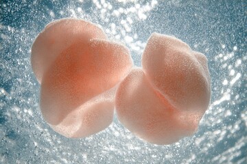 Fototapeta premium Two peaches are submerged underwater, surrounded by bubbles, showing a close-up of their soft texture in bright light