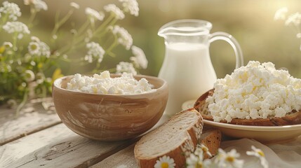 Breakfast includes fresh butter cottage, milk, and bread on a farmhouse table surrounded by flowers in morning light