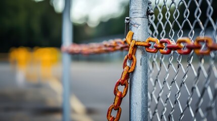 Chain-link fence with rusted red links and a metal pole, with a blurred background of yellow and green objects.