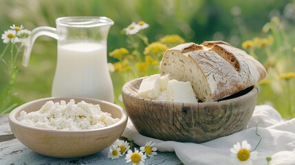 Freshly made bread and cottage butter are on the table with milk and flowers in a farmhouse breakfast scene in a sunny field