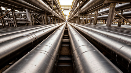 A photograph of a large industrial facility with numerous metal pipes arranged in parallel rows converging towards a central point