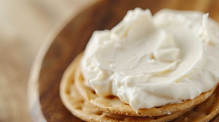 Cheese spread is being evenly placed on a crispy cracker as part of a simple snack preparation in the kitchen