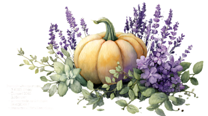 Watercolor orange pumpkin with purple flowers and green leaves on transparent background isolated on a transparent background