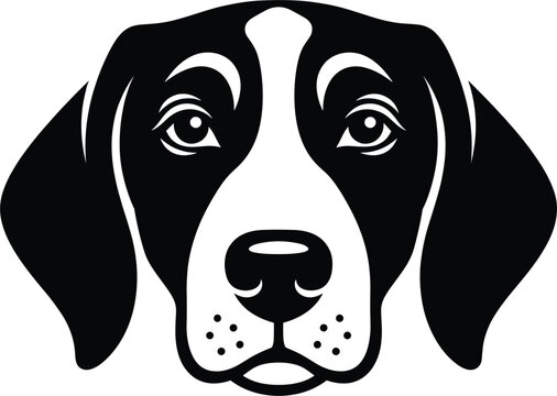 Symmetrical black and white dog head portrait featuring a Beagle or Hound breed with drooping ears and facial blaze.