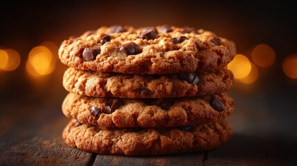 A stack of freshly baked chocolate chip cookies, tempting treat 