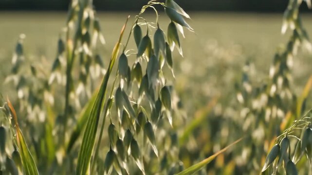 Closeup of green oat plants swaying gently in a sunny field ready for harvest.