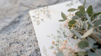 A wedding invitation lies on a rough surface, featuring floral designs, with greenery and flowers arranged next to it, ready for an event