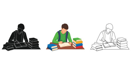 Student focused on writing in open book surrounded by multiple stacks of academic textbooks