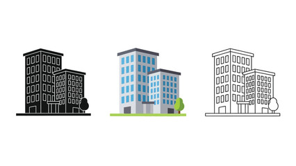 Collection of three distinct architectural styles representing modern office buildings for cityscapes