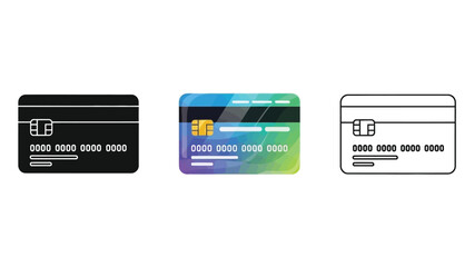 Set of three distinct credit card icons representing payment options in various design styles