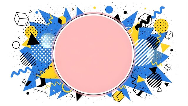 Abstract geometric memphis style circle frame with retro shapes and colors on a white background