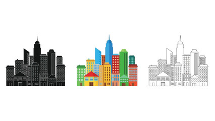 Set of three distinct city skyline icons showing different graphic styles for urban architecture