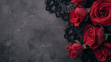 A wedding invitation features black lace and deep red roses, creating a beautiful design for a couple's special day