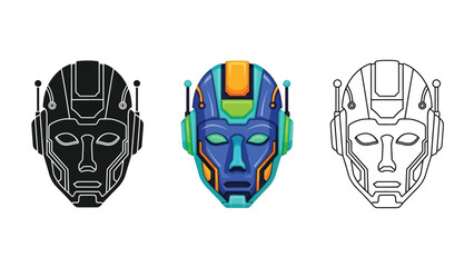 Collection of three stylized futuristic robot head illustrations showing color icon and outline versions