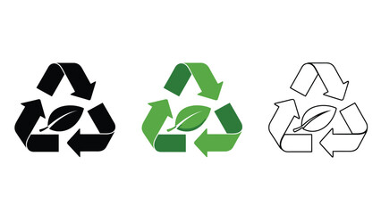 Collection of eco friendly recycling symbols featuring a green leaf icon in different styles