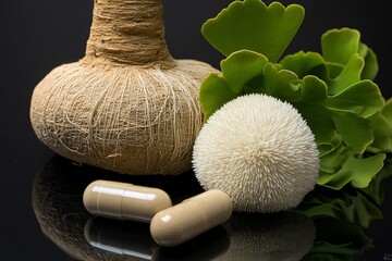 Natural supplements and herbs are arranged on a black background with capsules and plant materials for health purposes