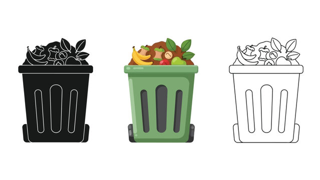 Set of three kitchen compost bins showing black silhouette colored and outline styles