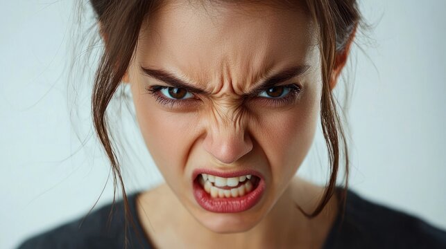 A woman with brown hair is angry, her mouth is open, and her eyes are narrowed.