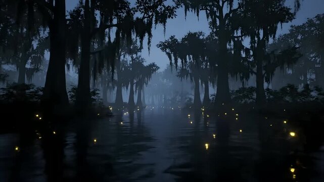 Mysterious swamp at night, fireflies glow on tranquil dark water surrounded by mossy cypress trees. Ideal for fantasy, magical, eerie, or relaxing natural backgrounds and intros.