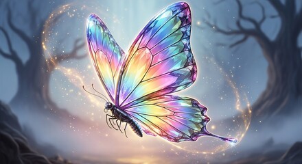 Naklejka premium A colorful butterfly flies through a mystical forest with glowing trees and a hazy atmosphere from a low angle viewpoint capturing the beauty