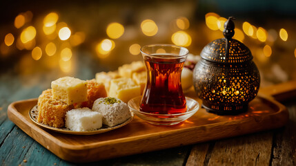 A wooden tray with a variety of sweet treats and a glass of tea set against a blurred background of warm lights