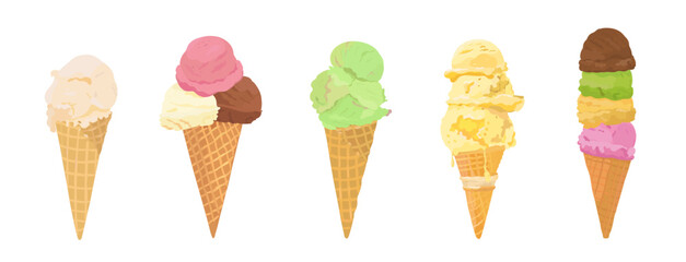 Vector illustration set of cartoon ice cream scoop with different topping in waffle cone. Sweet summer hand drawn dessert isolated on white. 