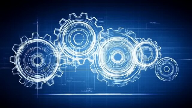 Interlocking gears, digitally rendered, showcasing intricate mechanical design.