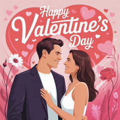 A loving couple celebrates valentine s day amidst hearts and floral decorations