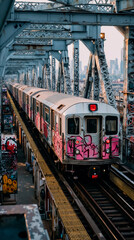 A train with graffiti on it is traveling under a bridge