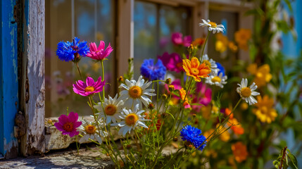 A vibrant bouquet of flowers in front of a window
