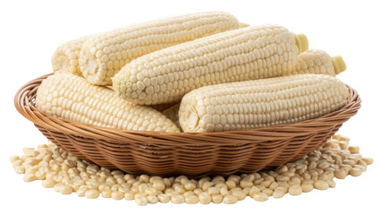 Basket of fresh white corn PNG isolated on transparent background, sweet corn cobs for healthy eating and vegetarian recipes