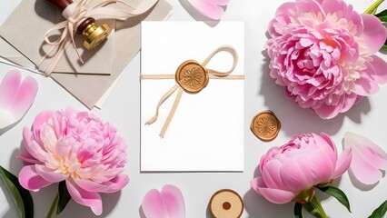 Elegant floral arrangement featuring pink flowers a wax seal and stationery perfect for invitations weddings or celebratory messages