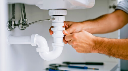 A person is tightening a white pipe fitting with a wrench