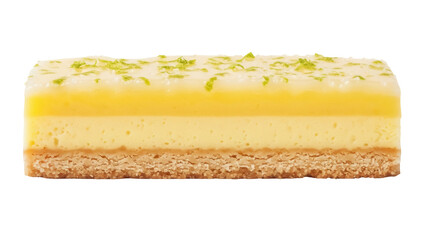 Delicious lemon bar with graham cracker crust isolated PNG, sweet dessert with citrus filling and lime zest on transparent background