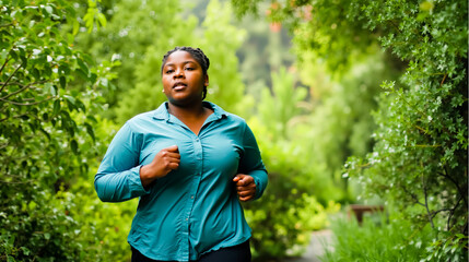 A woman in a blue shirt is running through a lush green forest