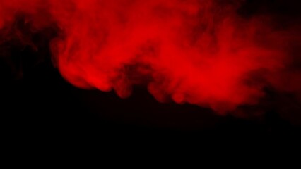 A vibrant abstract swirl of deep red smoke against a stark black background creates a dramatic visual effect