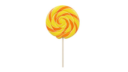 Swirled lollipop isolated PNG on transparent background, yellow and orange candy on a stick for sweet treats and confectionery designs
