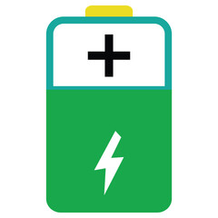 Obraz premium Simple illustration of a green and white battery icon with a plus sign and a lightning bolt symbol isolated on a transparent background