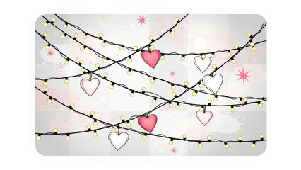 Decorative string lights with hearts isolated on transparent background, isolated on white background, illustration