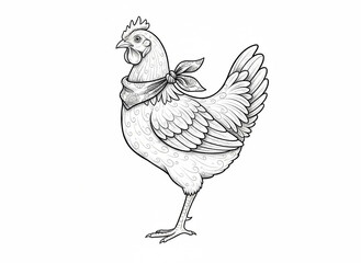 Trazo en blanco y negro de una gallina con un pa&ntilde;uelo en el cuello 