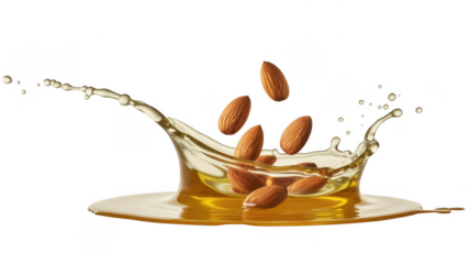 Almonds splashing in oil liquid isolated isolated on a transparent background
