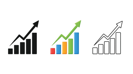 Collection of three different styles of bar chart icons showing positive growth trends upward