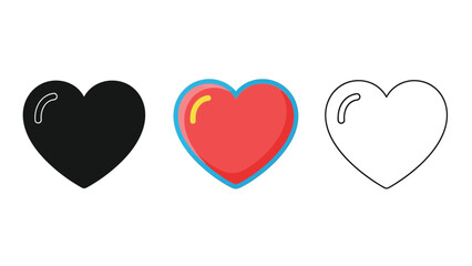 Set of three distinct heart icons illustrating filled solid outline and glossy styles