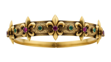 Ornate gold crown with fleur-de-lis and gemstones isolated PNG, royal jewelry for medieval fantasy and historical designs
