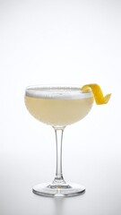 A fresh glass of cold alcohol cocktail with ice and a lemon fruit slice isolated on a white background makes for a healthy liquid beverage refreshment