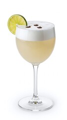 A fresh glass of cold cocktail with ice and lime served as a healthy fruit beverage refreshment isolated on white