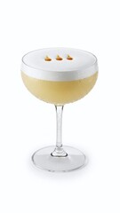 A chilled glass of chocolate latte dessert topped with whipped cream and sweet milk foam sits isolated on a white background, perfect for a cafe beverage menu