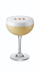 A delicious chocolate mousse dessert with whipped cream served in a glass alongside a hot coffee latte and sweet chocolate beverage isolated on white