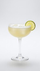 A cold glass of alcoholic margarita cocktail with ice and fresh lemon and lime fruit slices serves as a cool yellow and green refreshment for a party bar