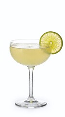 A cold margarita cocktail with lime and lemon juice is served in a glass with ice and green fruit for a refreshing alcoholic party drink isolated on a white background